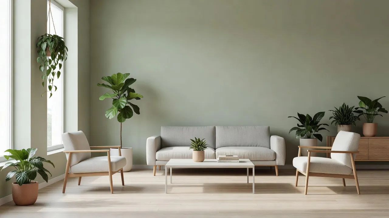 A modern living room featuring painted green walls with natural light and wooden accents.