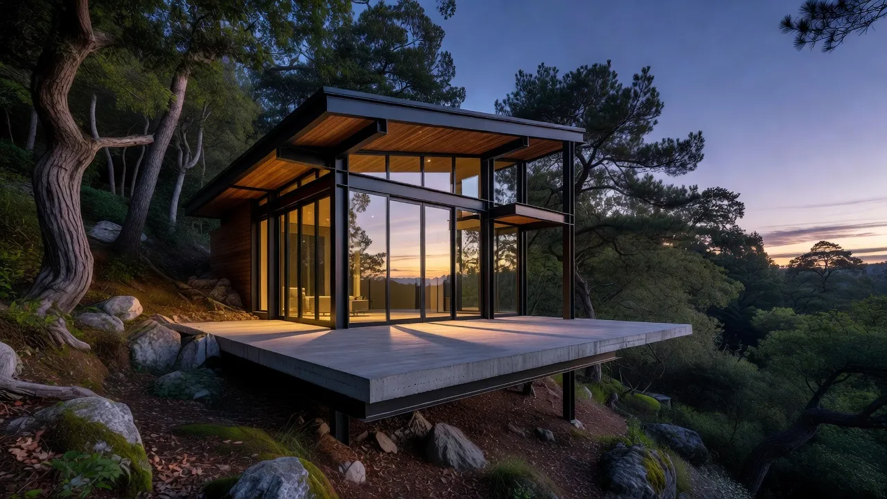 Exterior view of a small modern house with steel structure and floor-to-ceiling glass windows in a forest setting.