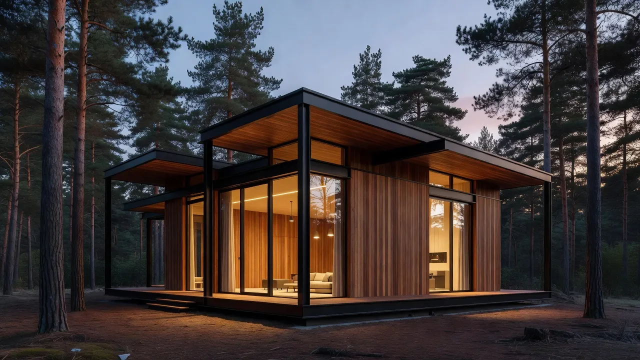 Exterior view of a small modern house with floor-to-ceiling glass and timber cladding set against a forest landscape.