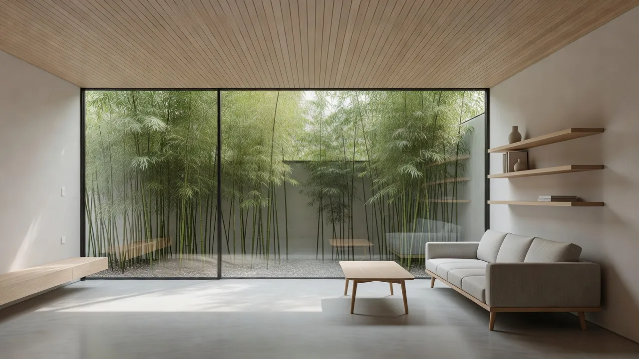 Minimalist interior design of a small modern house featuring wood ceiling panels and floor-to-ceiling glass windows.