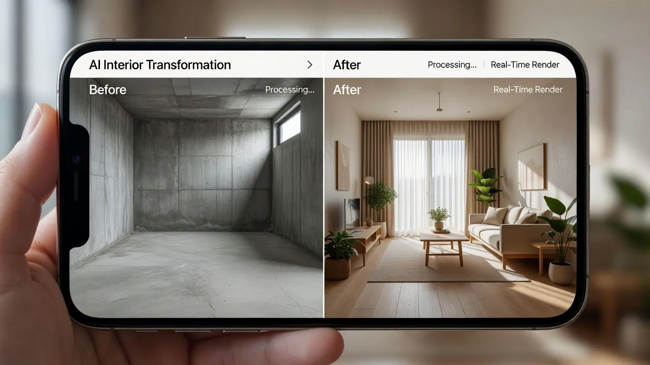 Smartphone screen showcasing the Renova AI app redesigning a small modern room interior.