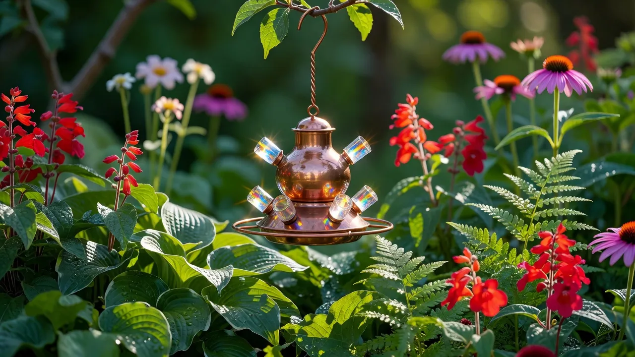 Handcrafted copper hummingbird feeder hanging in a colorful garden bed.