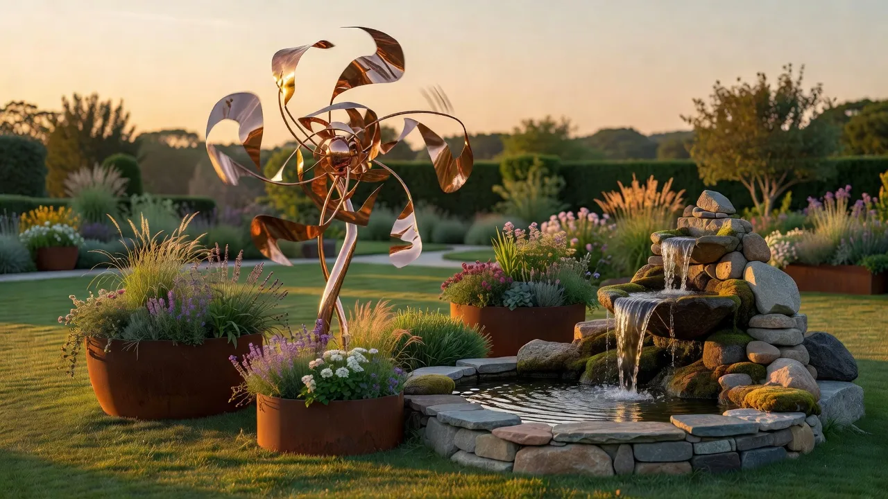 Beautiful decorated garden featuring a kinetic copper sculpture, Corten steel fire pit, and stone fountain amidst lush green foliage.