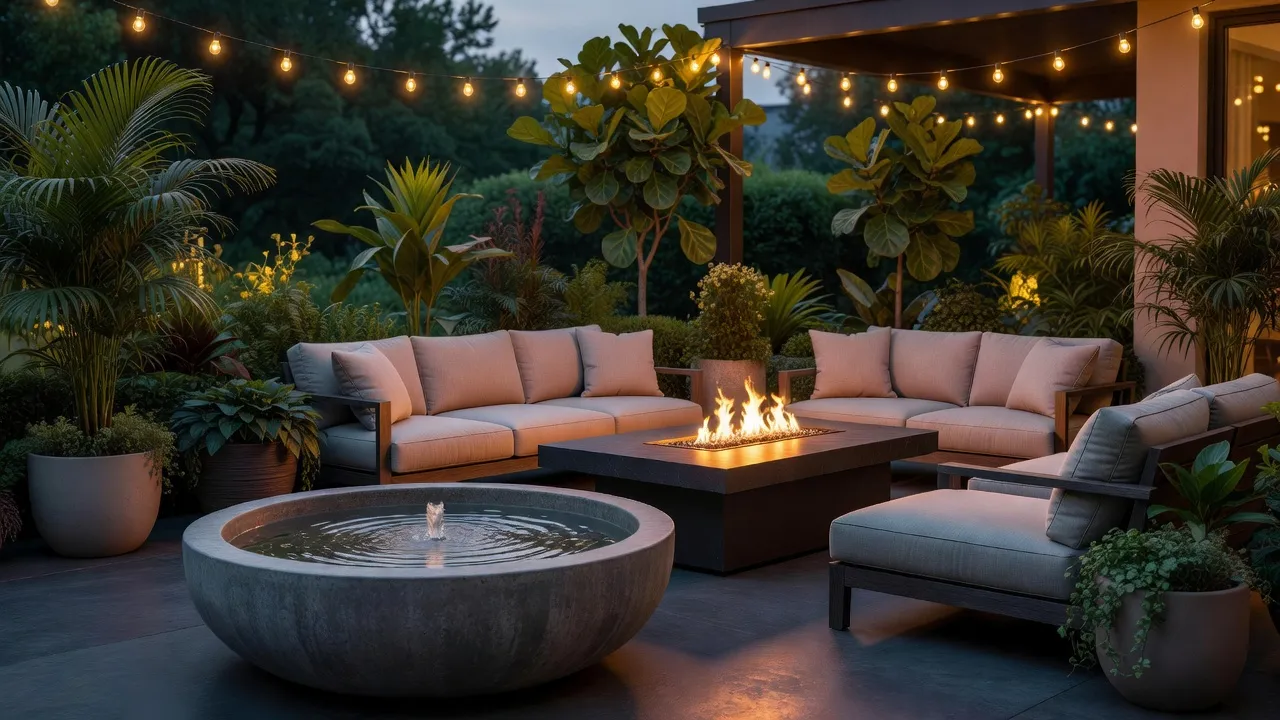 Modern outdoor patio featuring concrete fountain basin and propane fire table.