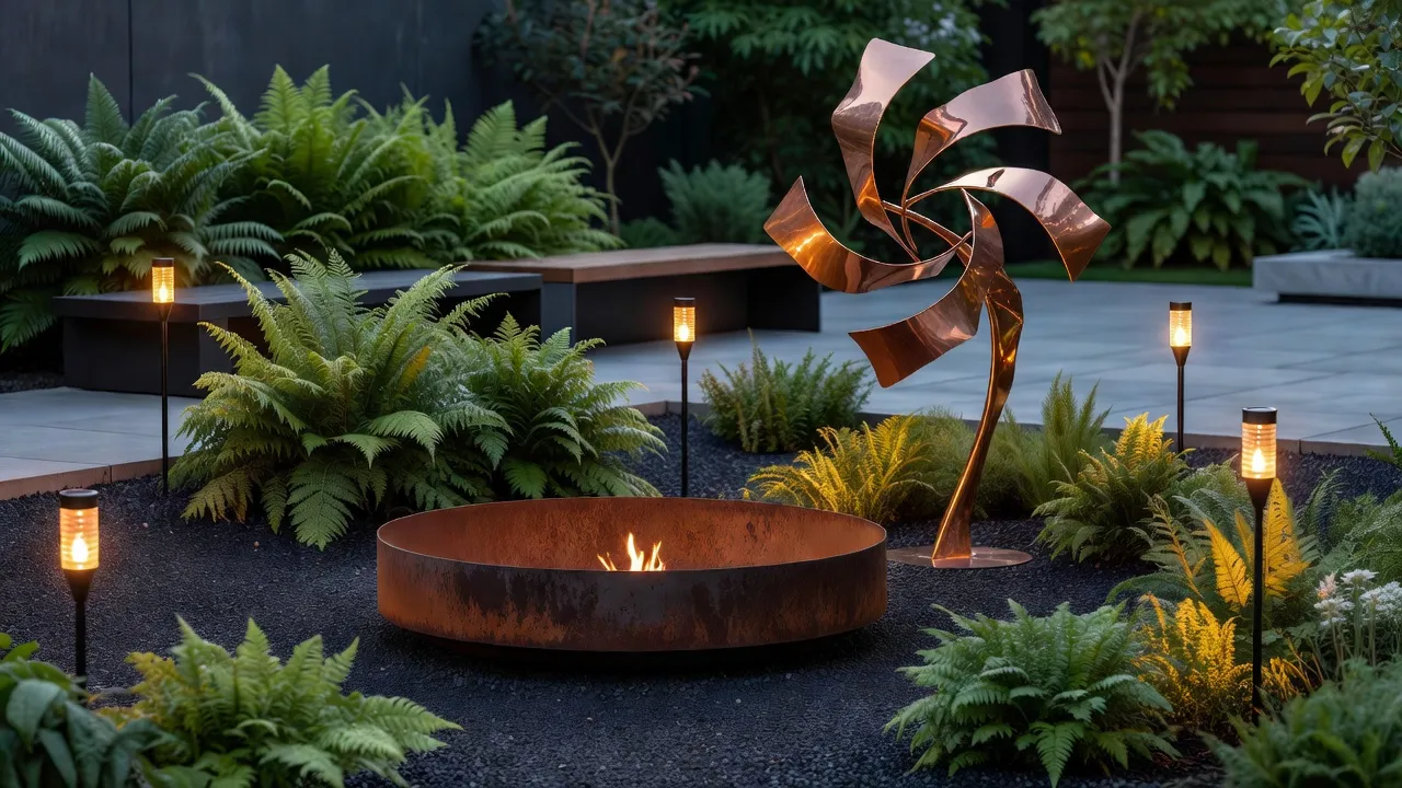 Unique garden decor setup with Corten steel fire pit and kinetic wind sculpture illuminated at dusk.