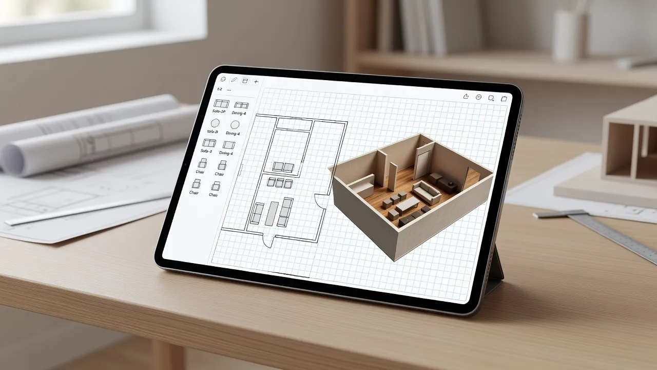 Digital tablet screen demonstrating manual 3D floor planner software layout editing.