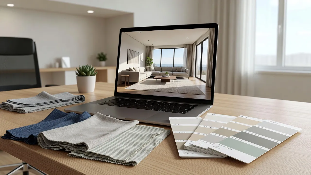 Laptop screen on a desk displaying a realistic 3D virtual interior design floor plan.