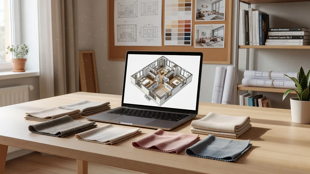 Laptop screen displaying a 3D virtual interior design floor plan on an editor's desk.