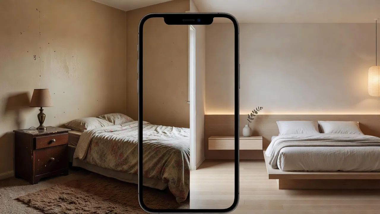 Mobile phone screen showing before and after AI virtual interior design photo transformation.