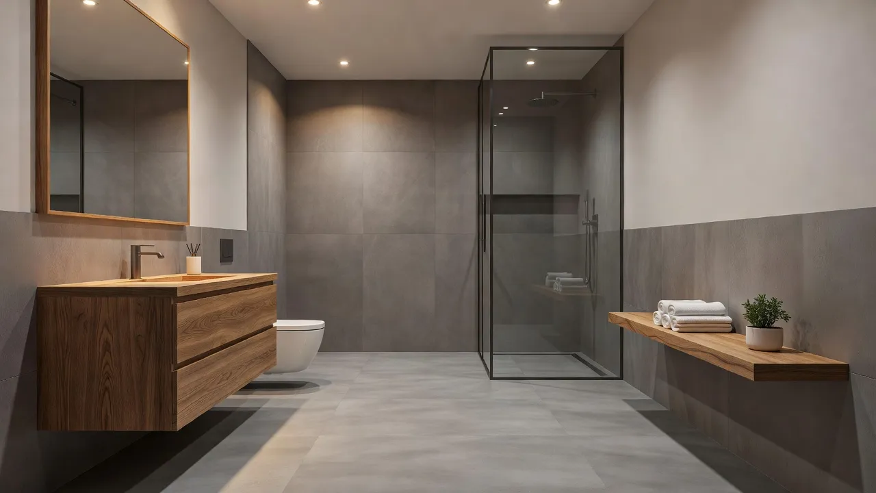Gray waterproof porcelain tile floor installed in a luxury bathroom.