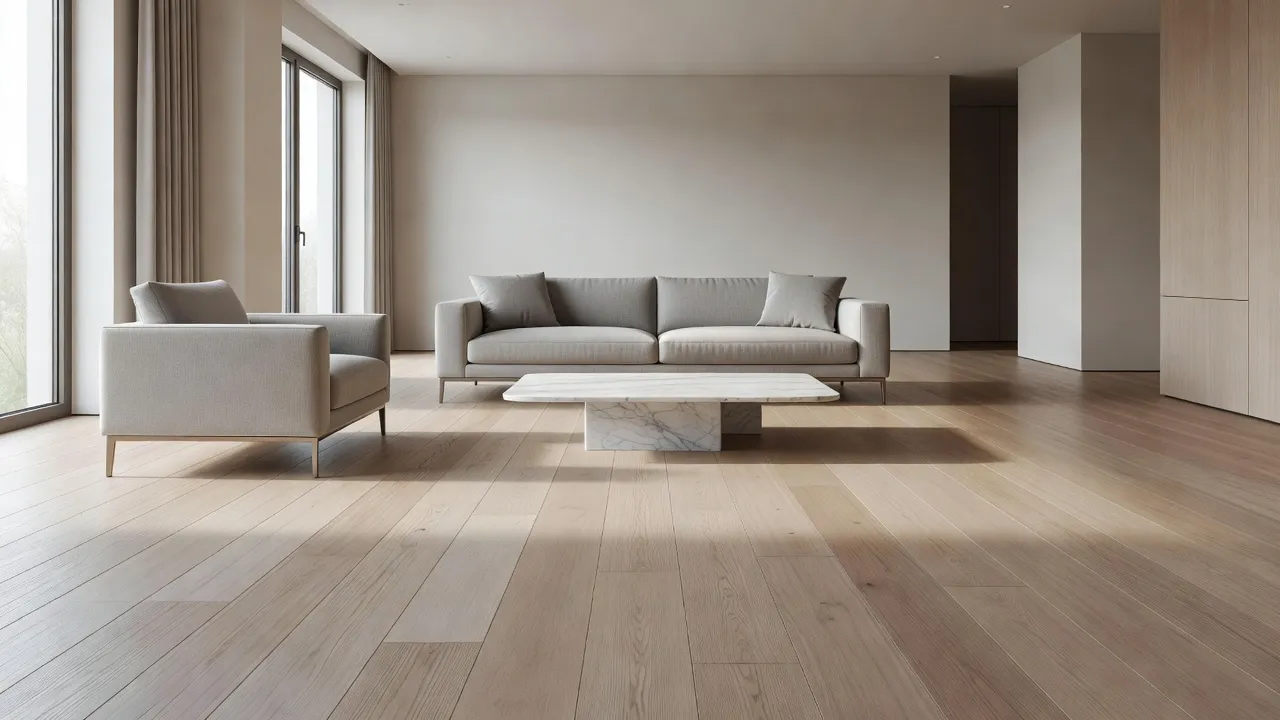 Modern living space with warm light wood luxury vinyl plank waterproof flooring.