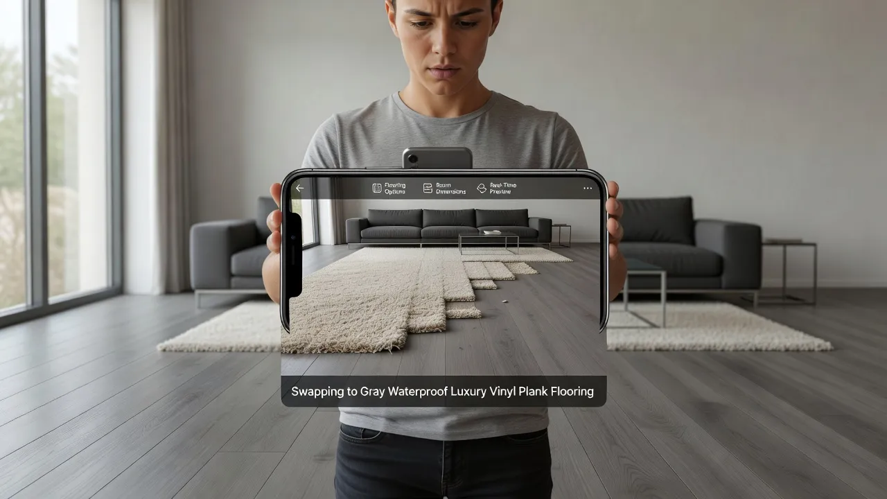 Smartphone user previewing luxury vinyl flooring using an AI room design visualizer app.