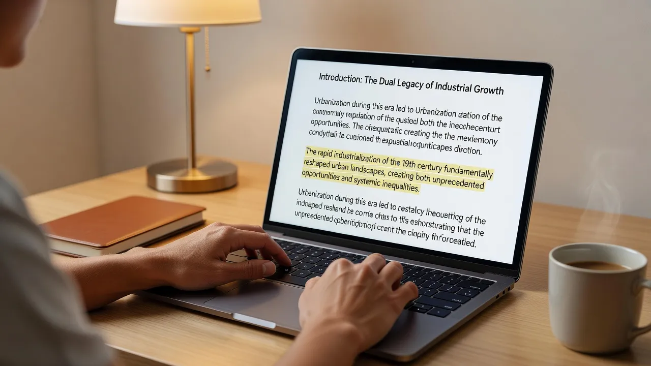 A student drafting a thesis statement for a short paper on a laptop.