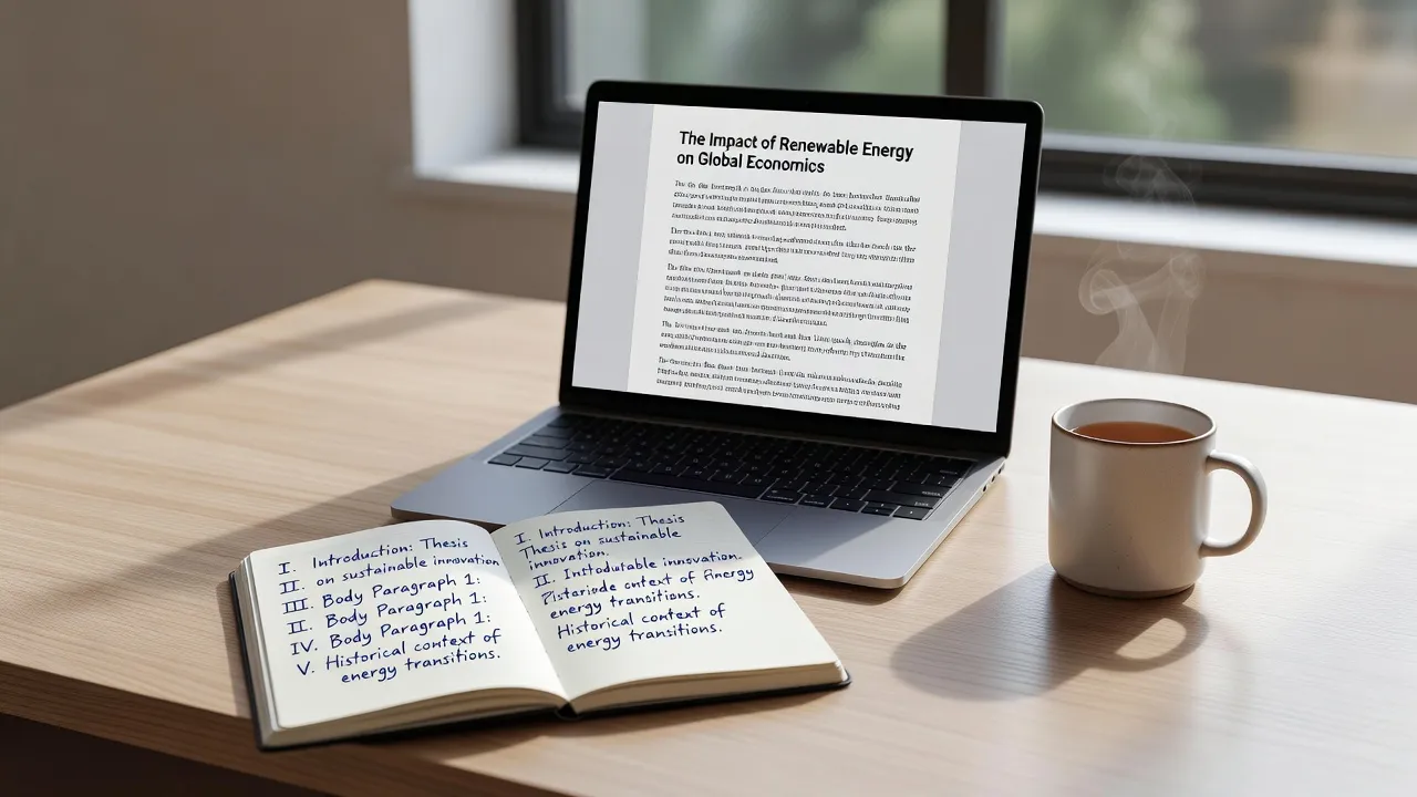 Student at a wooden desk writing a 500-word essay draft with a structured outline notebook and modern laptop.