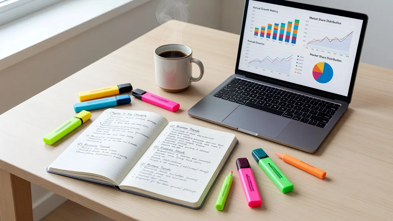 Student studying productively at a bright workspace with organized notes and a laptop.
