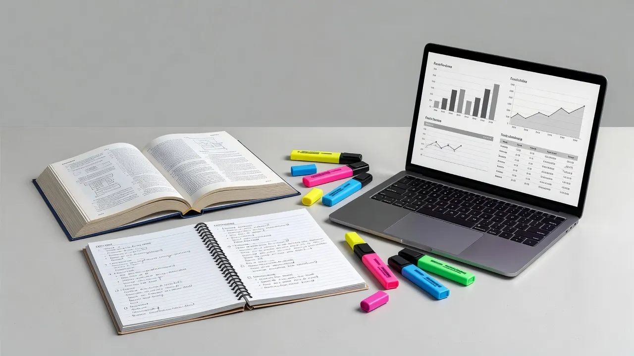 Organized student study desk with research notes, laptop, and textbook laid out for efficient learning.