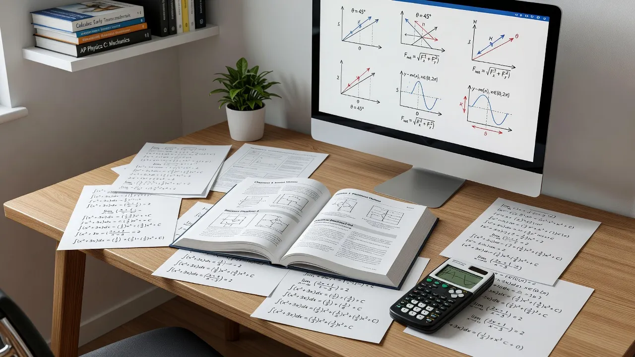 AP Physics C study materials, calculus notes, and laptop with physics simulations on a student desk.