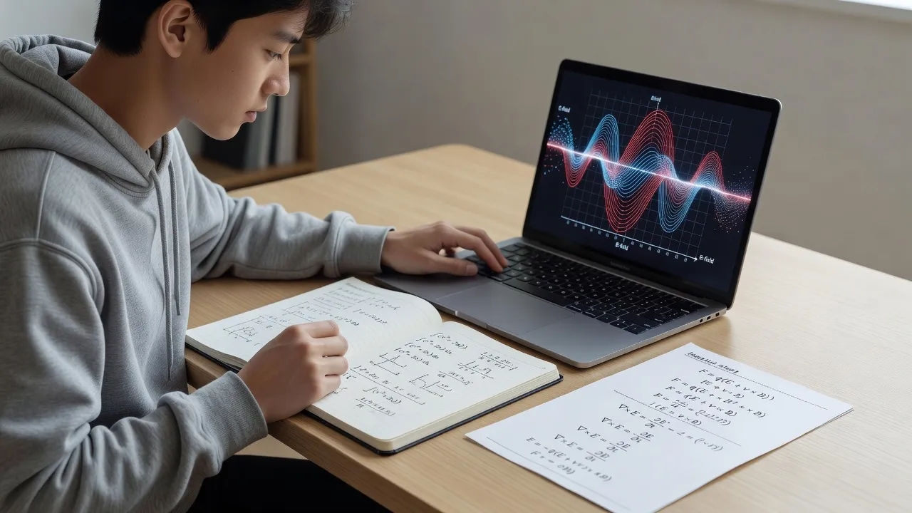 High school student studying AP Physics C formulas and calculus problems at a modern study desk.