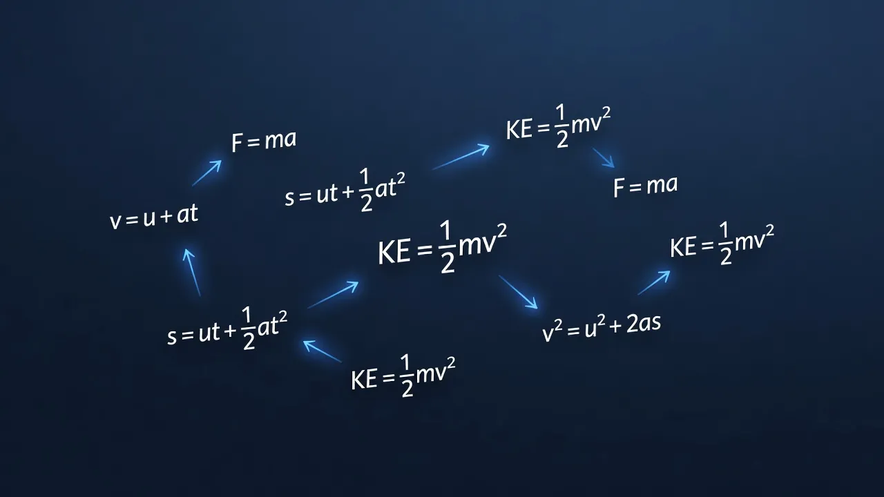 Clean scientific graphic showing essential basic physics equations and motion vectors on a dark blue background.