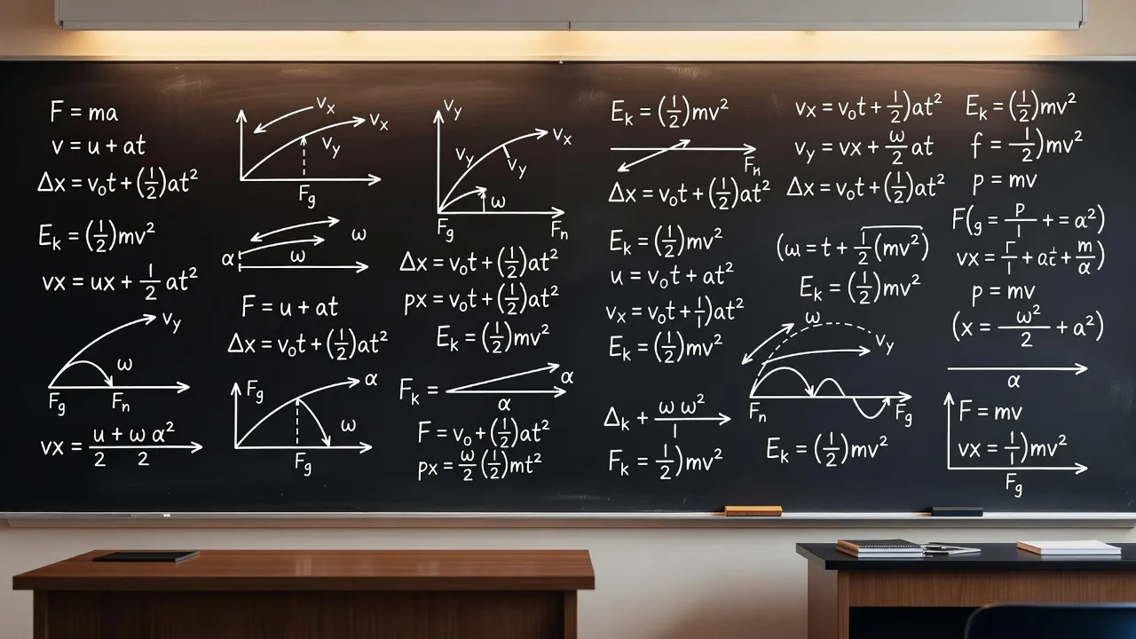 Physics equations for kinematics and dynamics written on a clean classroom chalkboard.