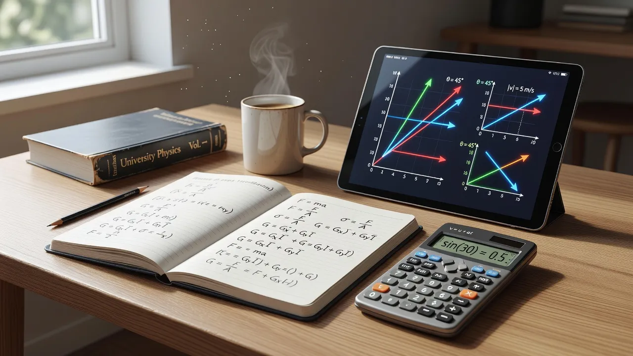 Student desk layout with a calculator, notebook derivations, and physics study tools.