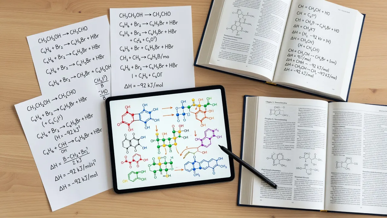 Digital tablet displaying handwritten organic chemistry reaction mechanisms and structural formulas on a desk.