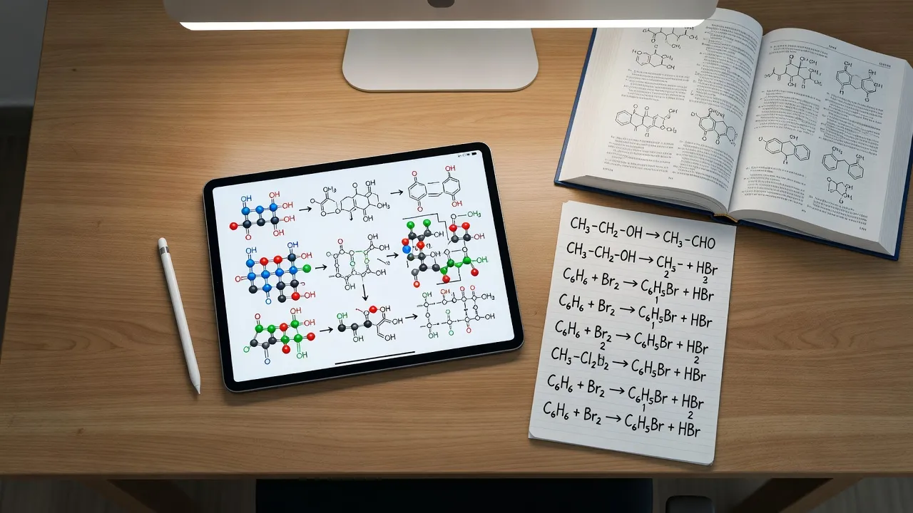 Digital tablet displaying handwritten organic chemistry reaction mechanisms and structural formulas on a study desk.