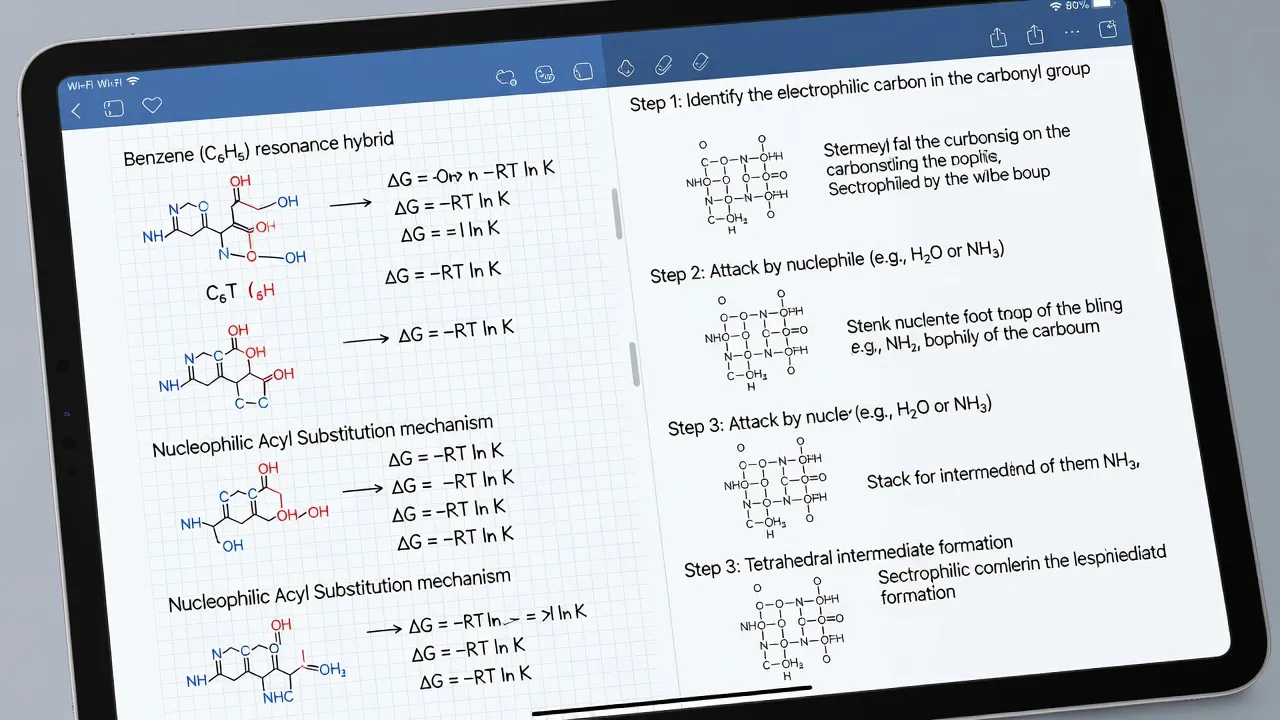 Split screen display of chemistry notes alongside automated step-by-step problem solving.