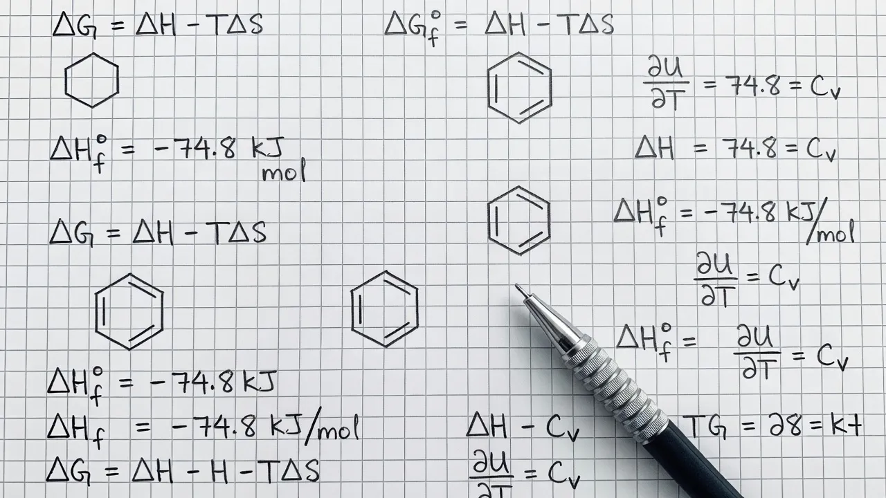 Handwritten organic chemistry structures and physical chemistry calculations for USNCO exam prep.