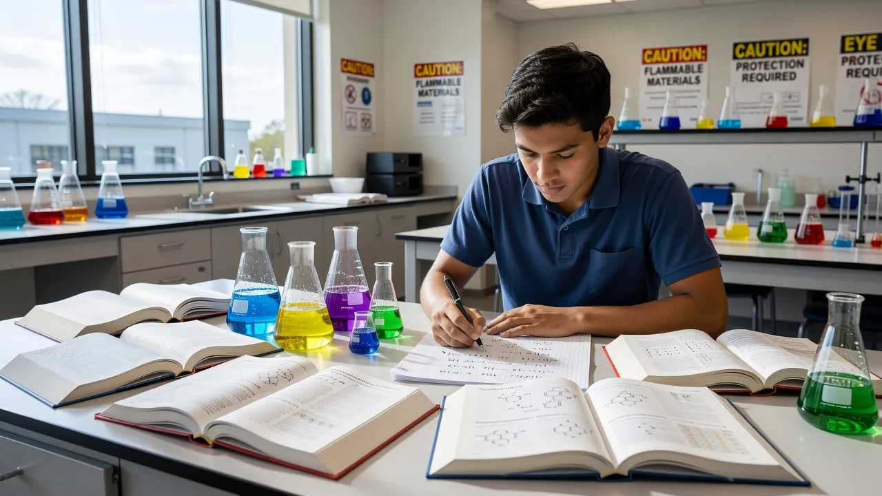 Chemistry Olympiad student preparing in laboratory with textbooks and glassware