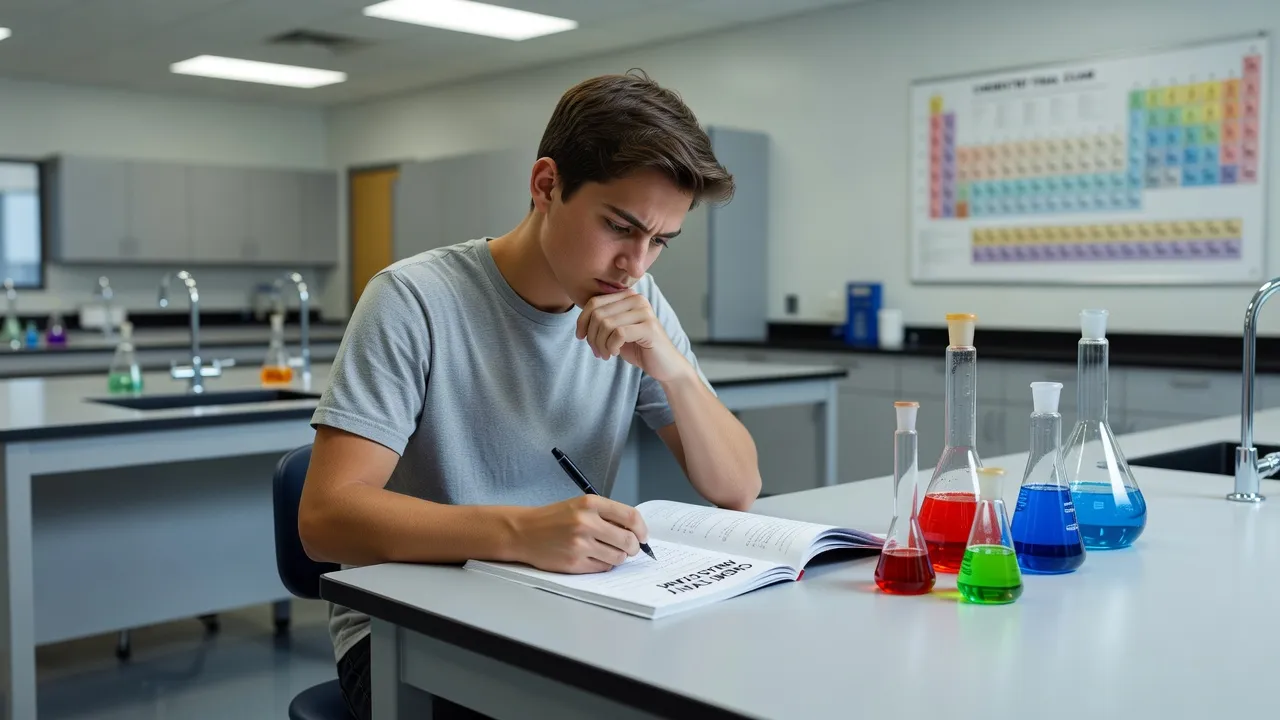 High school student preparing for the Chemistry Olympiad exam in a modern chemistry lab setting.