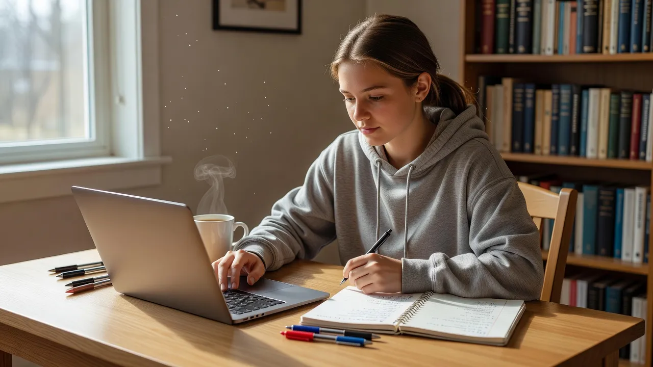 Student editing a college application essay on a computer with a word count visible on screen.