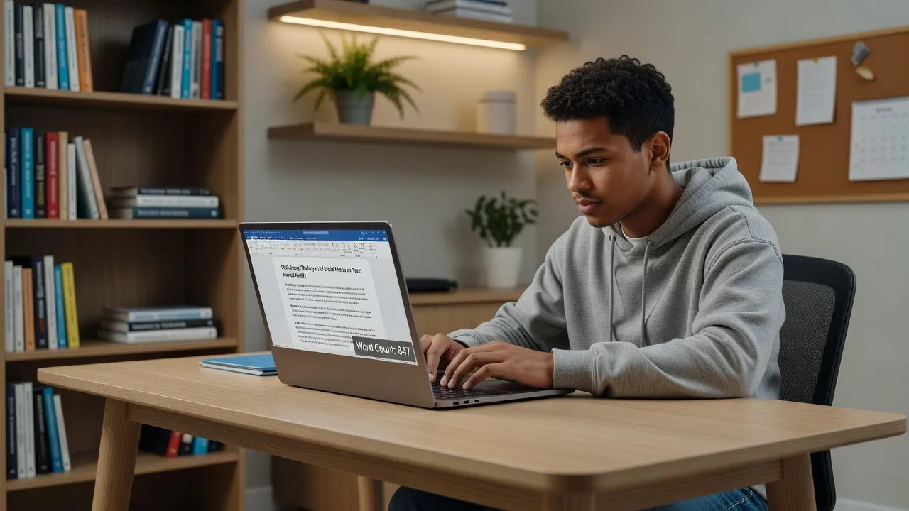 High school student typing a college application essay on a laptop with word count displayed.