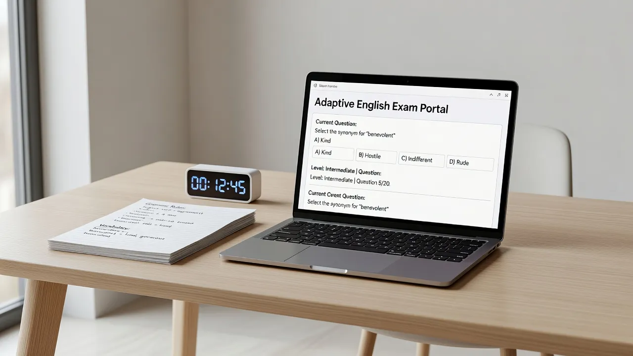 Laptop displaying an online Duolingo English Test practice session on a clean desk.