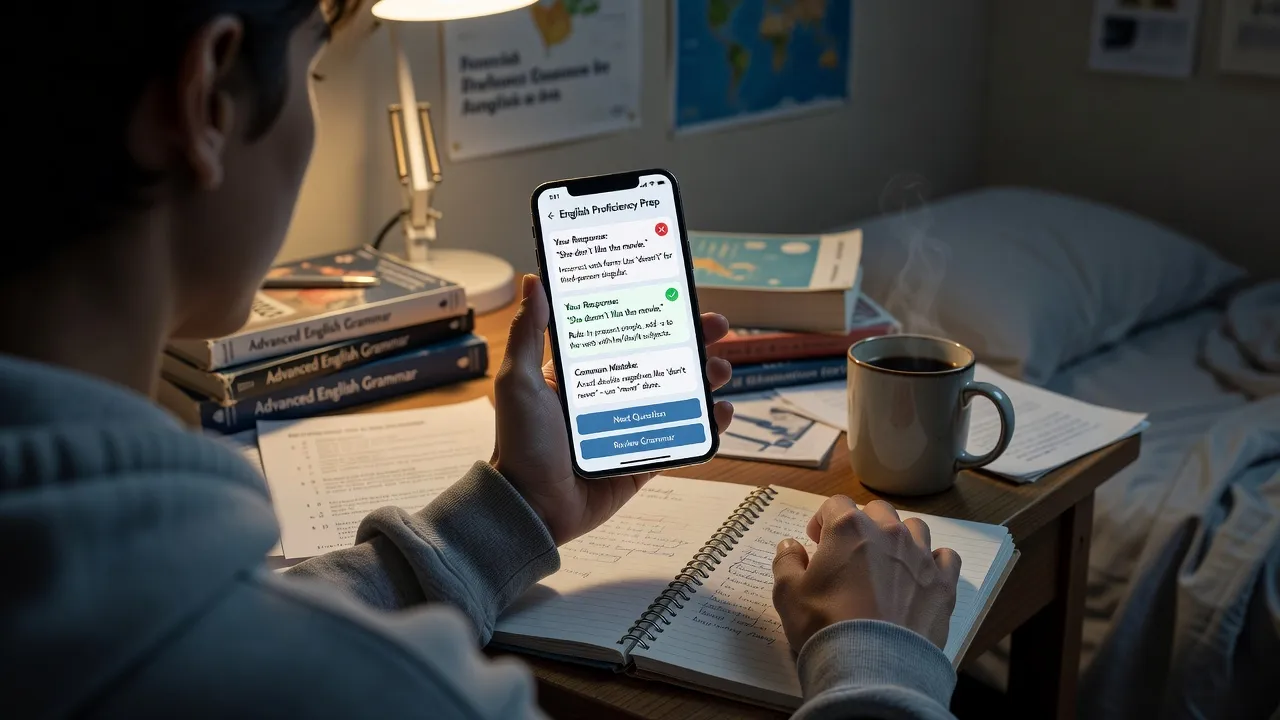 Student reviewing English test practice solutions on a mobile smartphone app.