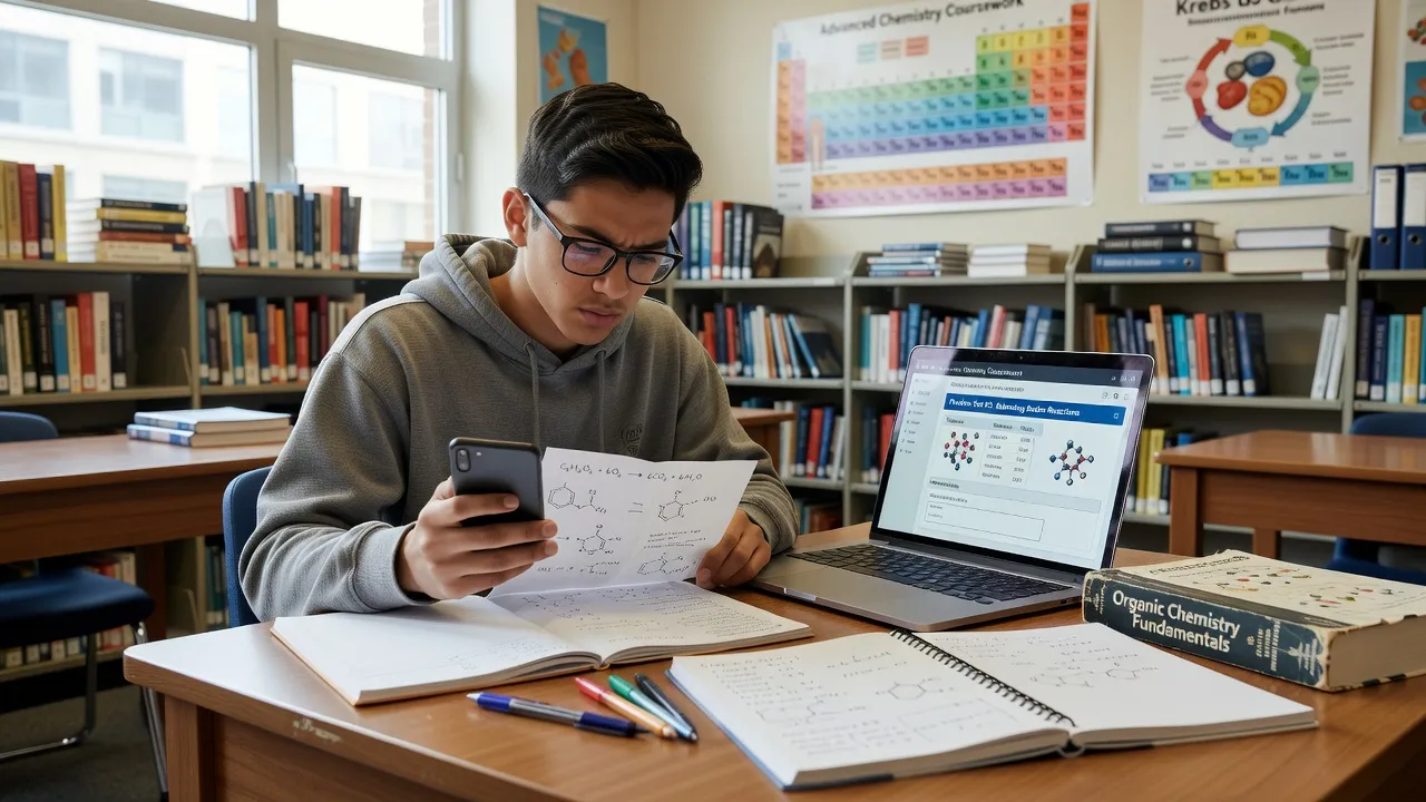 Student scanning a high school chemistry problem on a smartphone next to an Edgenuity course screen.