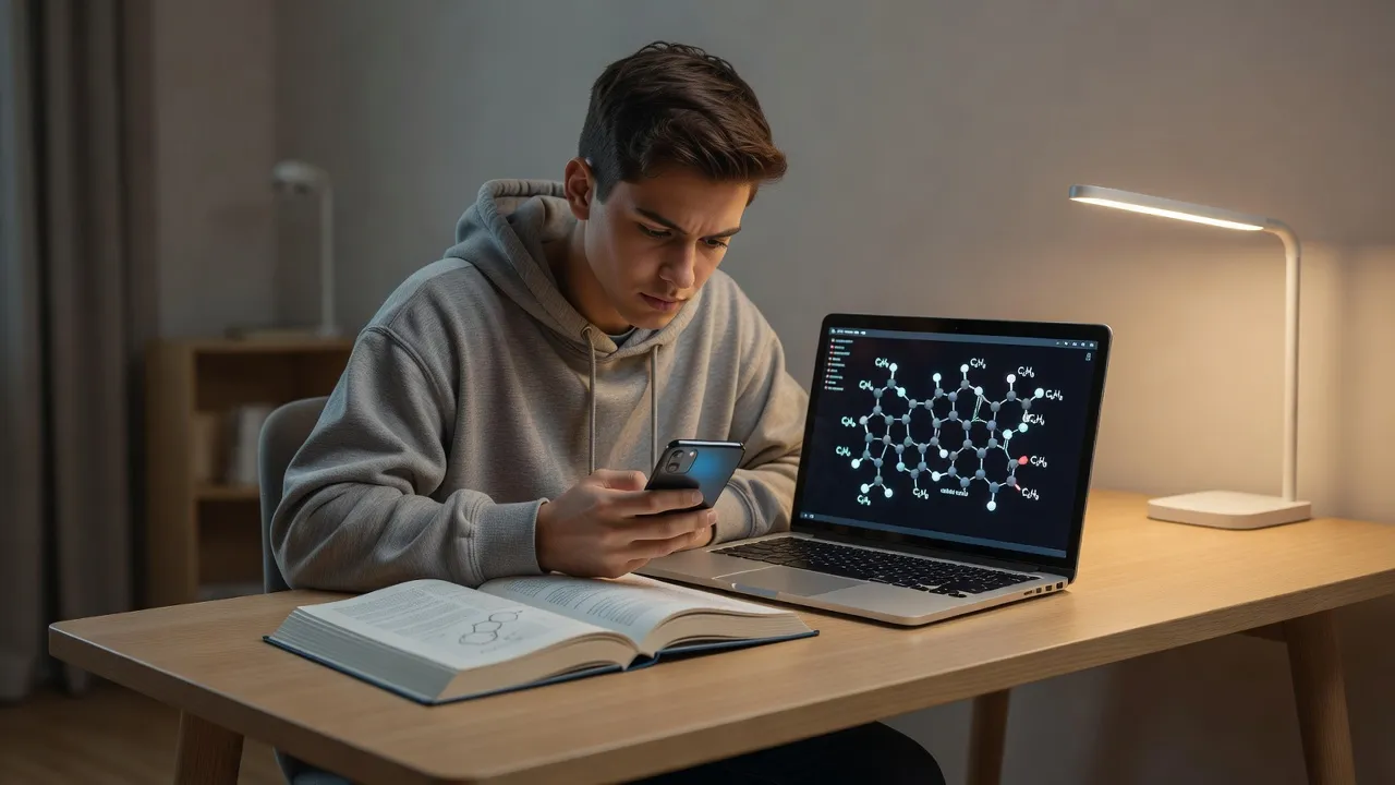 High school student using a smartphone study app to scan a chemistry problem next to a laptop displaying Edgenuity coursework.