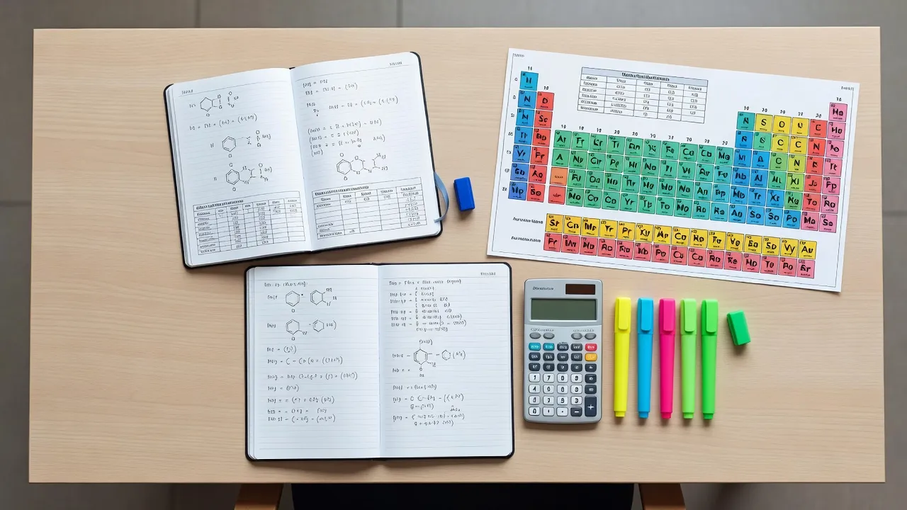Organized high school chemistry study space with periodic table reference sheet and notes.