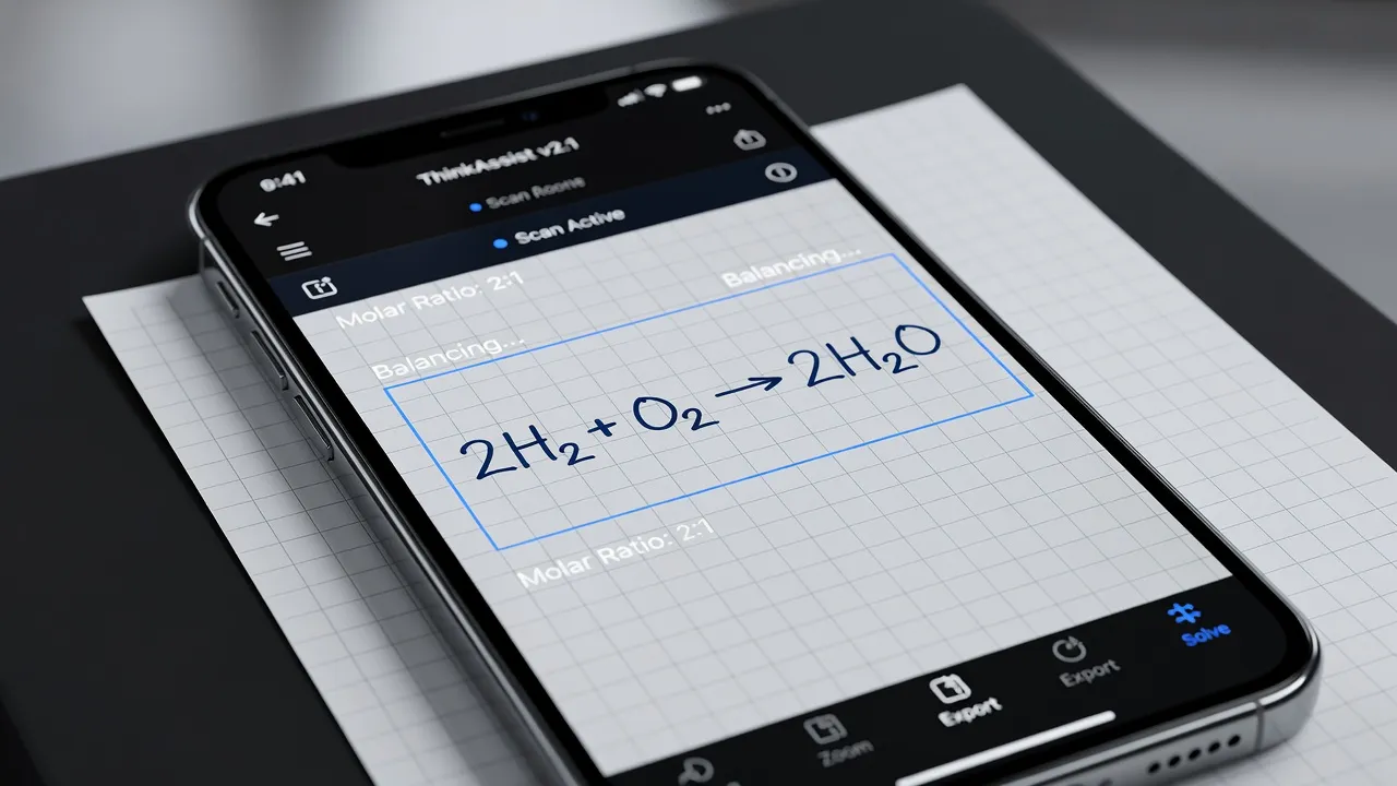 Smartphone screen scanning a chemistry stoichiometry equation with an AI solver application.