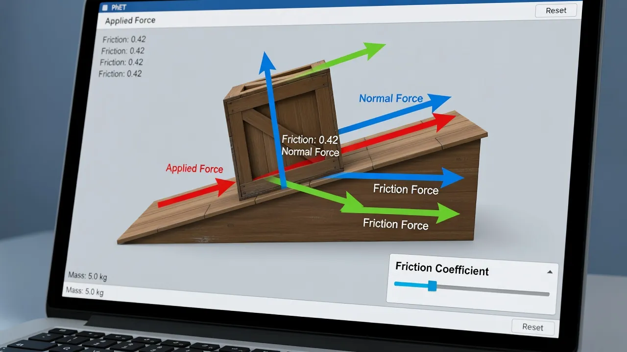 A PhET physics simulation displaying dynamic force vectors on a crate resting on a ramp.