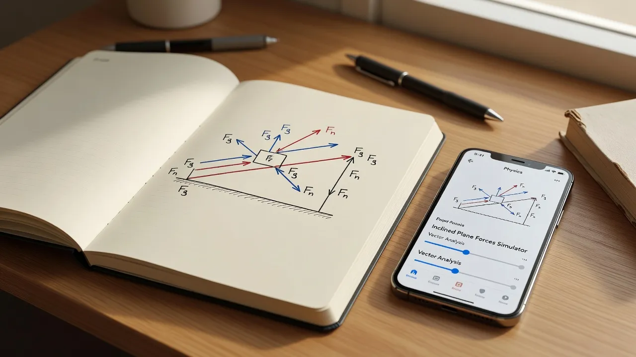 A student sketching a physics free body diagram on a desk with vector arrows and force labels.