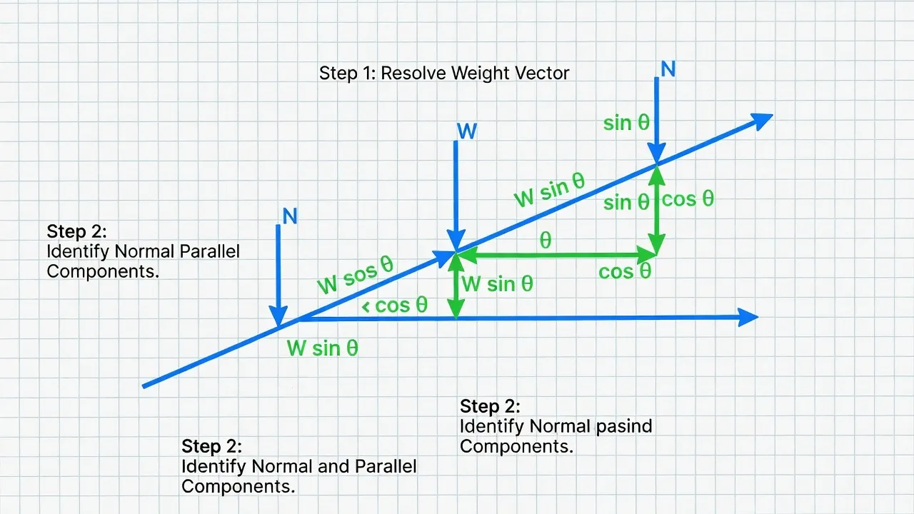 Physics problem showing vector components labeled with trigonometry on a tilted coordinate axis.