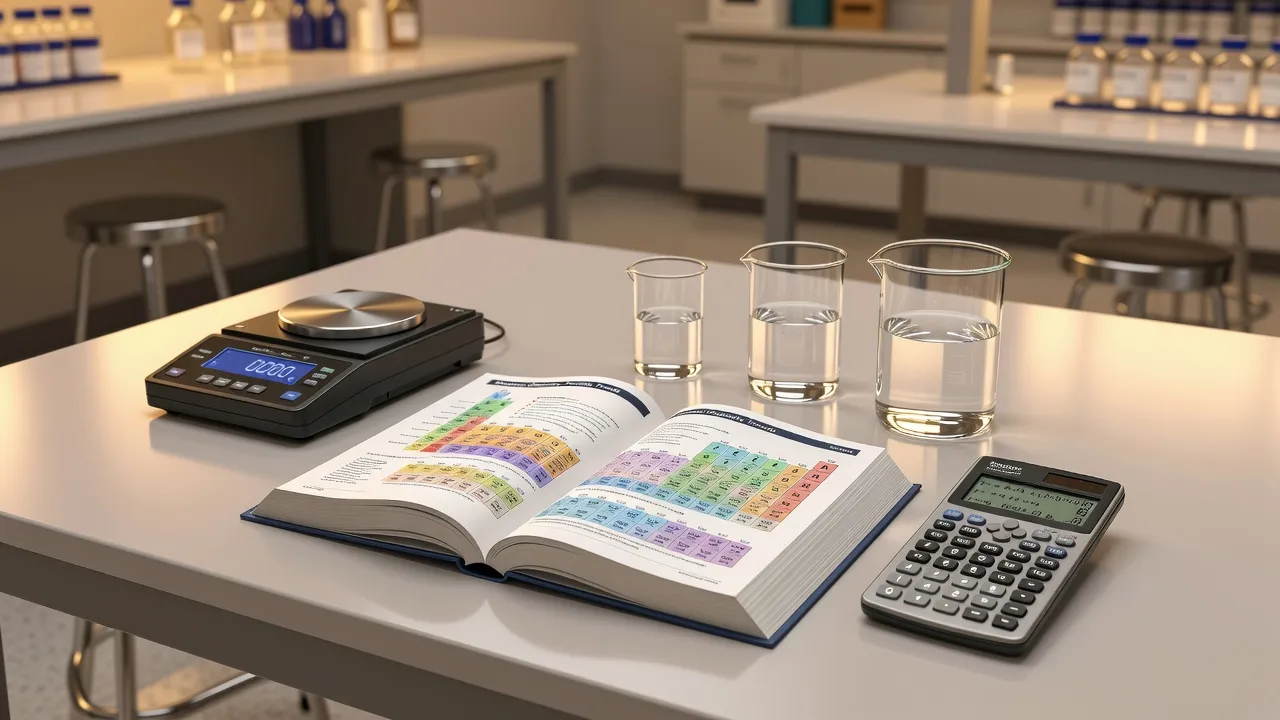 General Chemistry 1 study setup featuring a textbook, calculator, and laboratory glassware on a college desk.