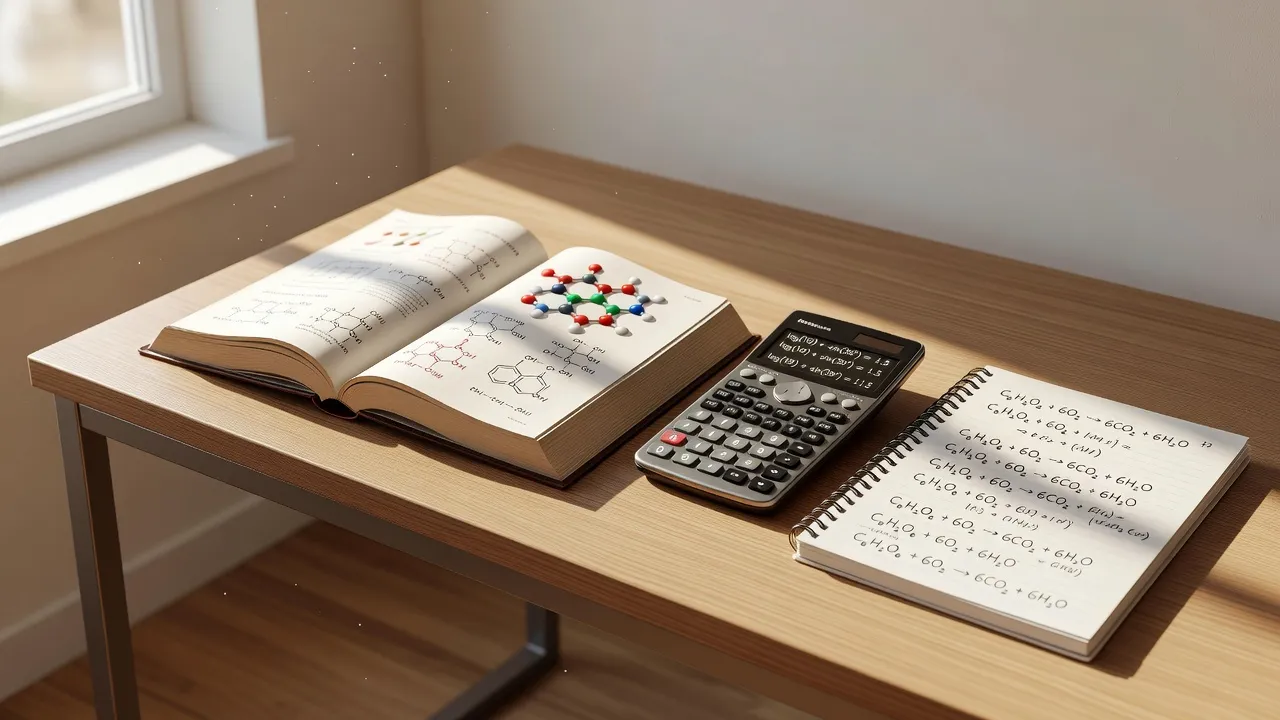 General Chemistry 1 study materials including textbook, periodic table, notebook, and scientific calculator on a wooden desk.