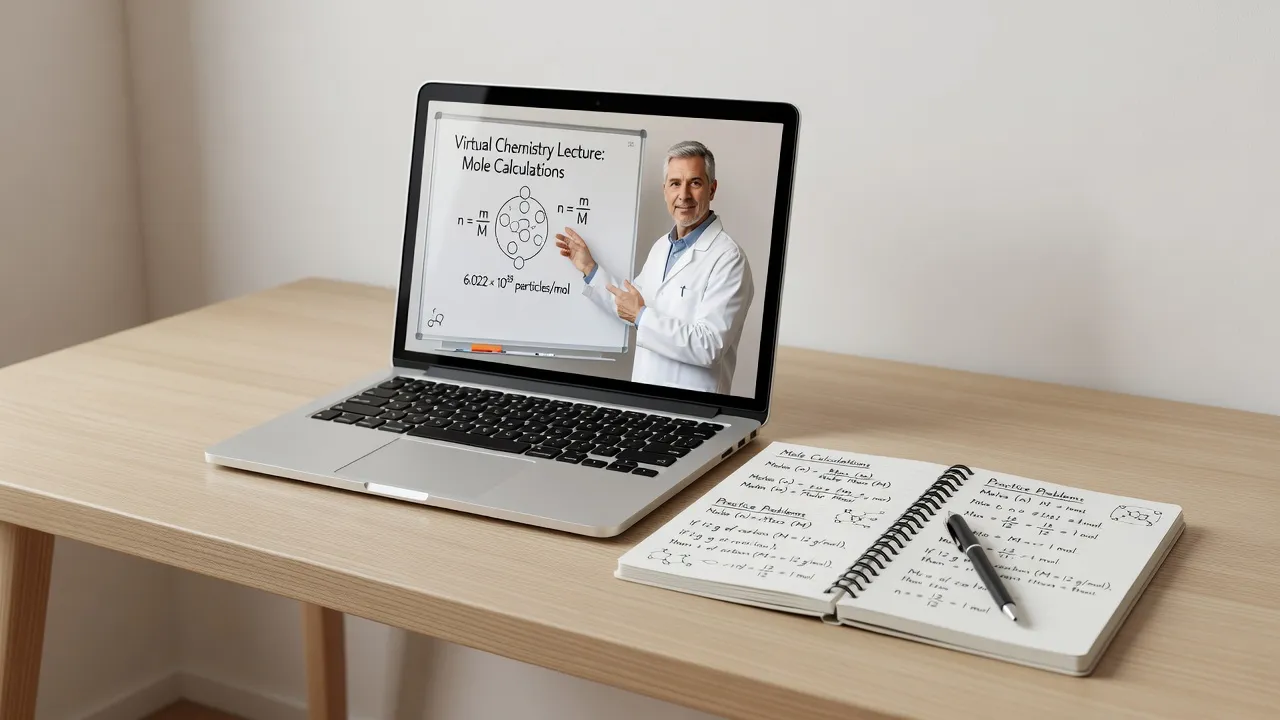Online learning setup showing digital chemistry video lecture and notebook.