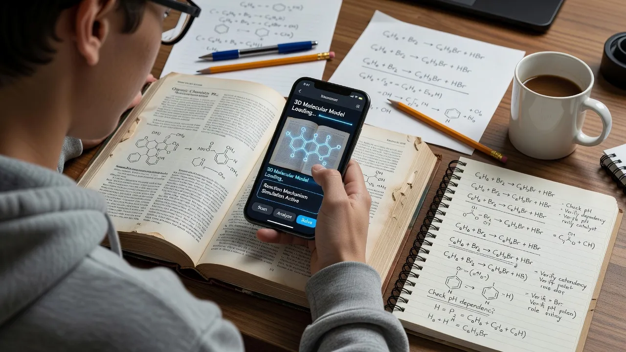 Student using ThinkAssist mobile app to scan a chemistry homework problem on a desk.