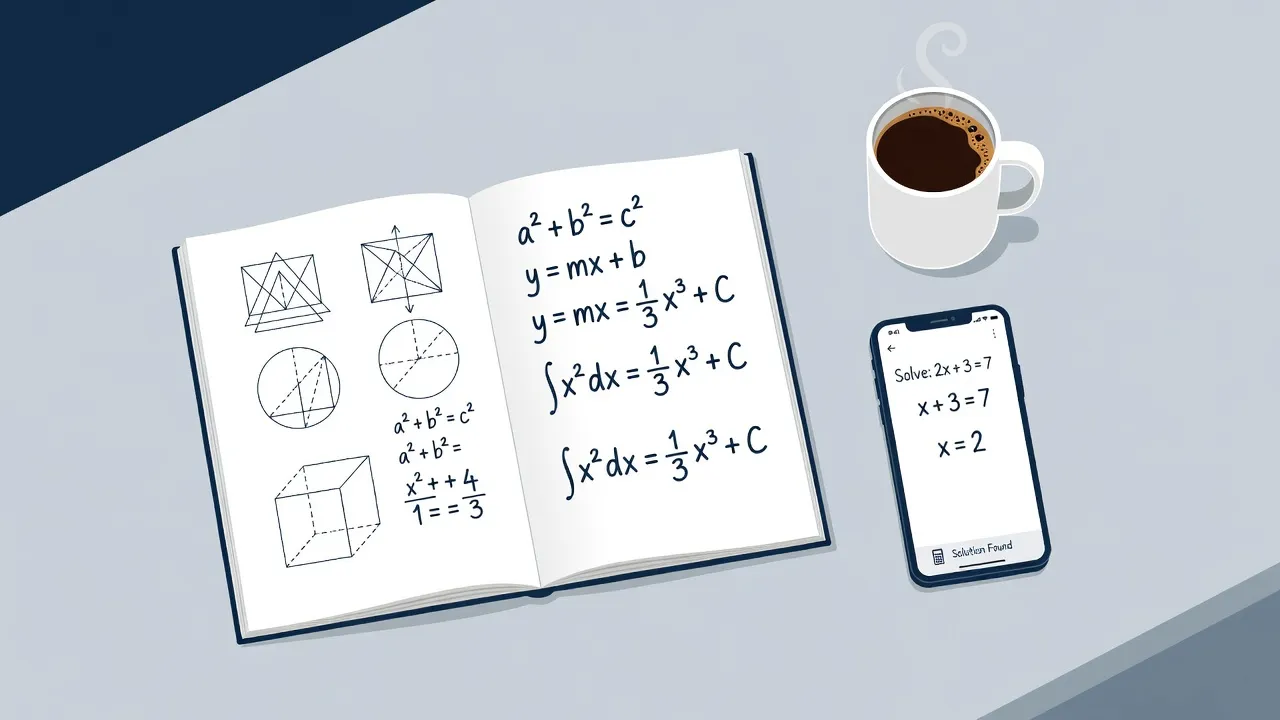 Overhead view of a math student desk with a textbook, handwritten proofs, and a smartphone displaying step-by-step problem breakdown.