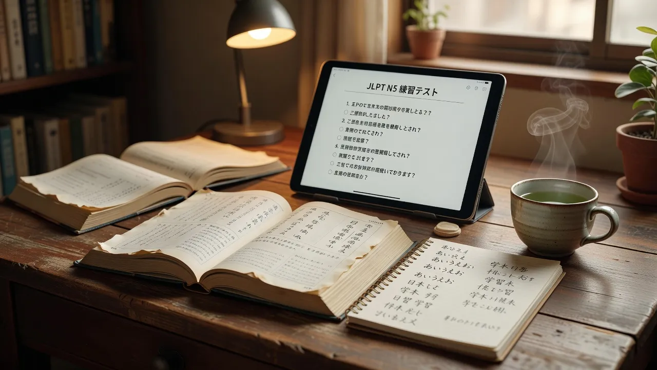 A desk setup prepared for studying with a JLPT N5 practice test on a digital screen and printed practice materials.
