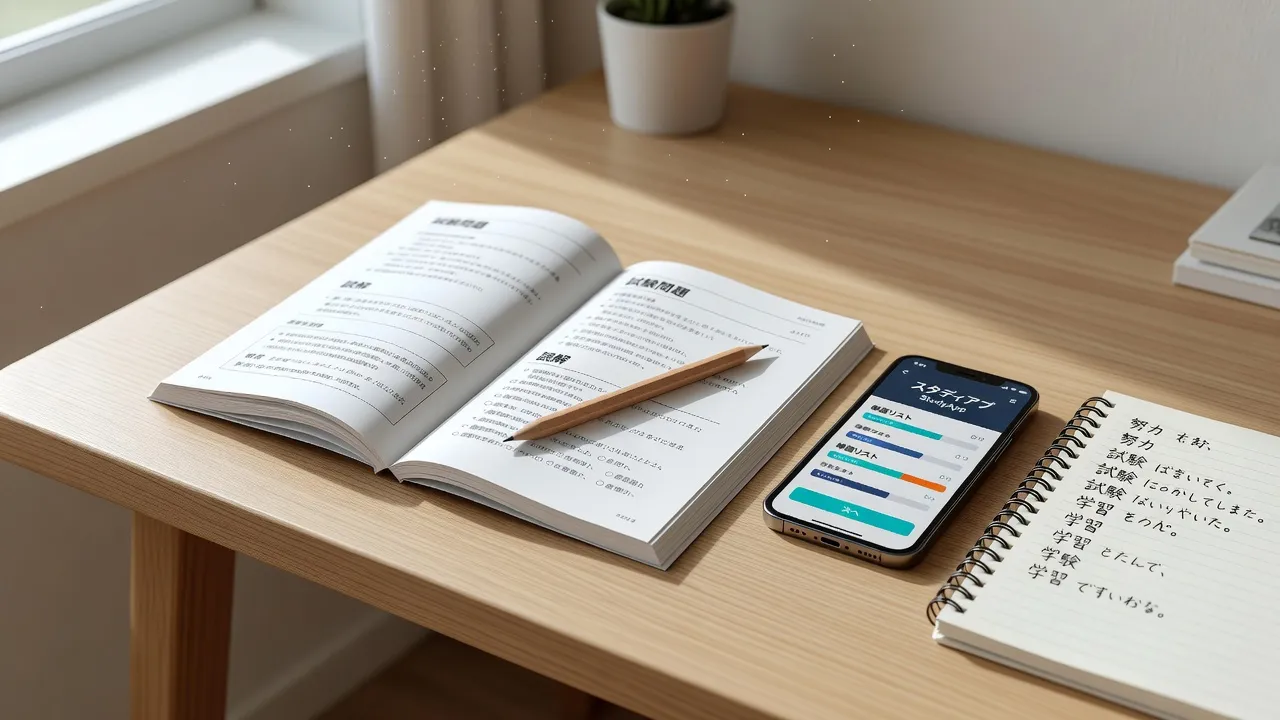 JLPT N5 practice test booklet and study materials arranged neatly on a wooden desk alongside a smartphone.
