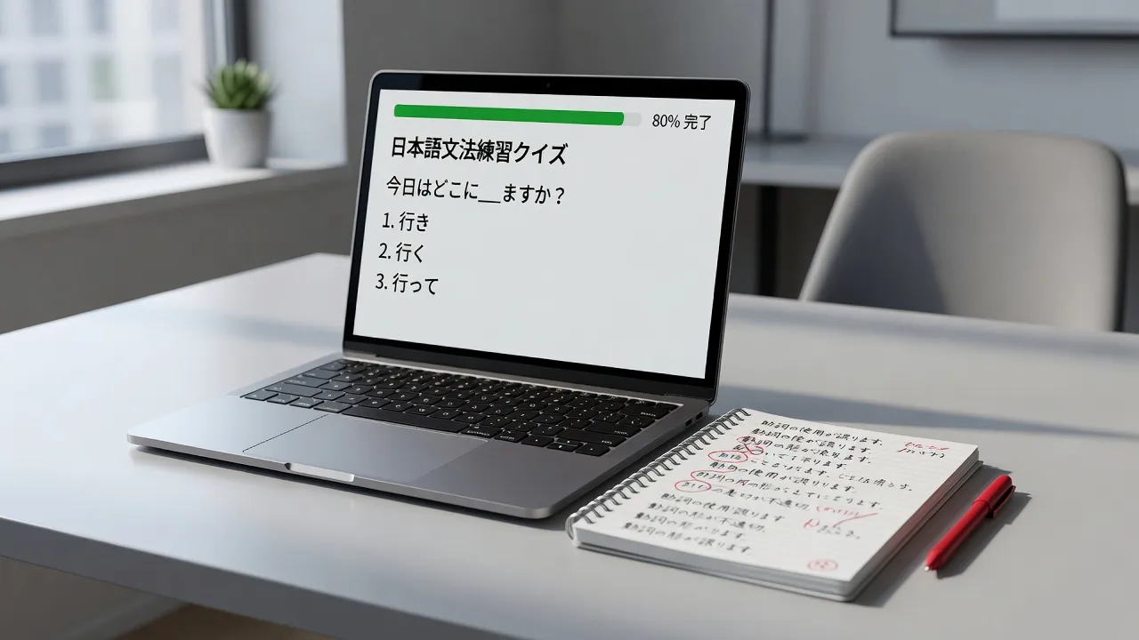 Interactive JLPT N5 grammar practice test displayed on a laptop during an active study session.